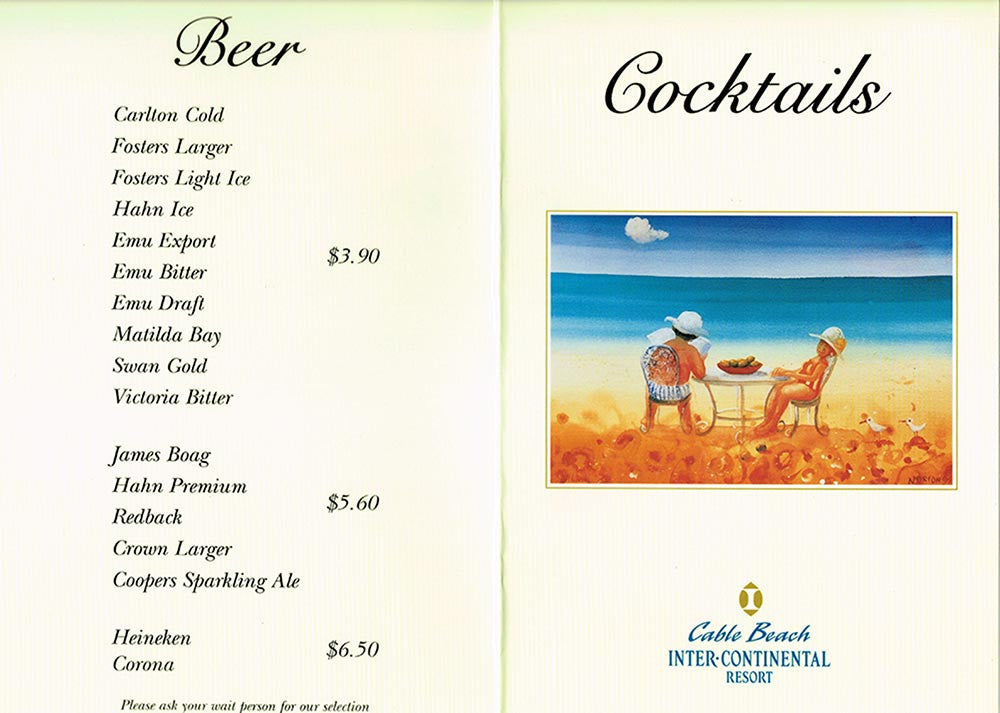1996 Cable Beach Club Menu