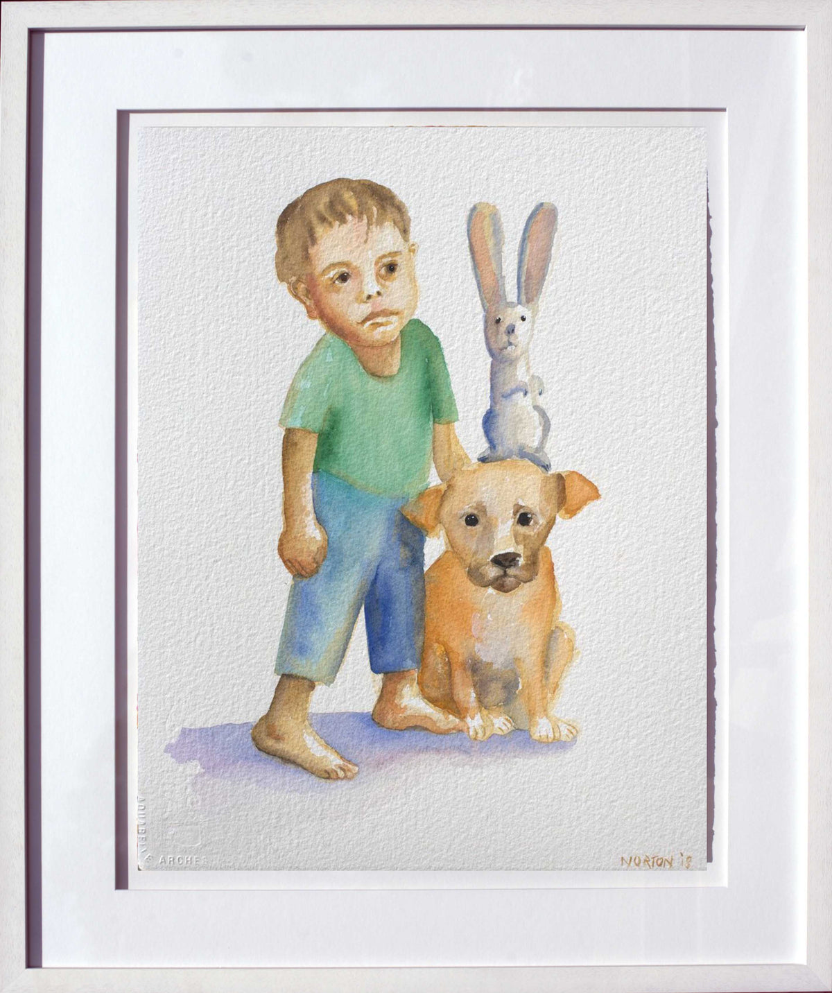 Boy with Puppy and Rabbit