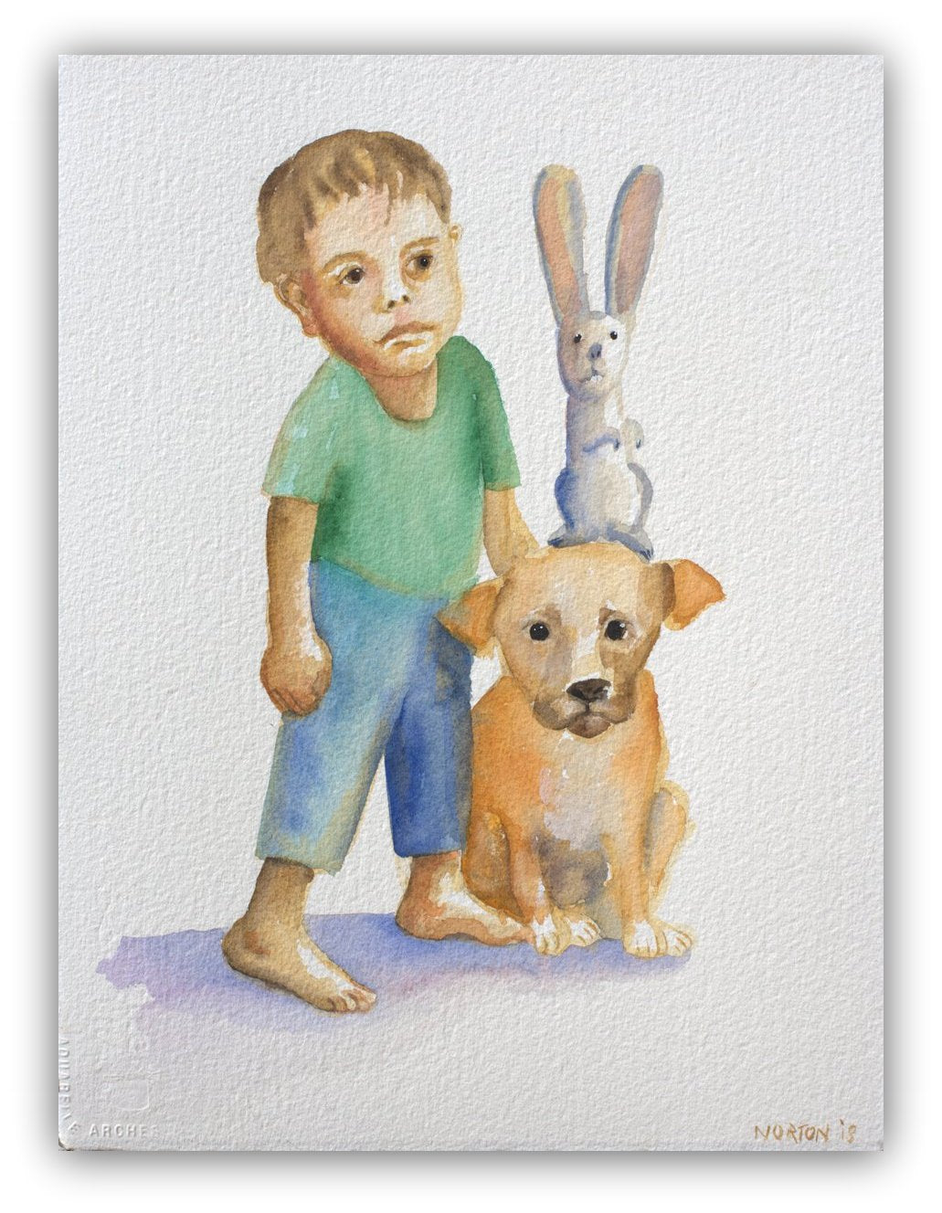 Boy with Puppy and Rabbit