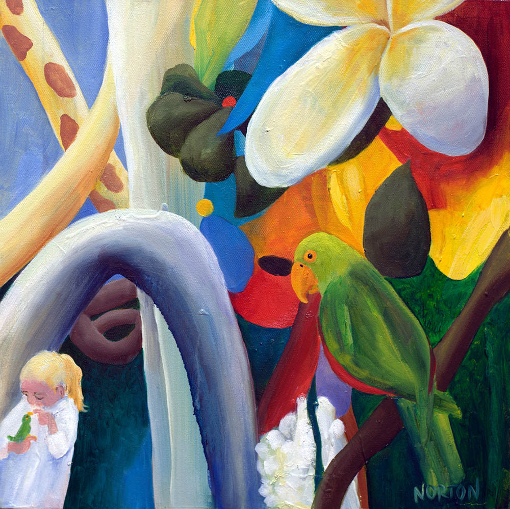 Green Parrots with Girl