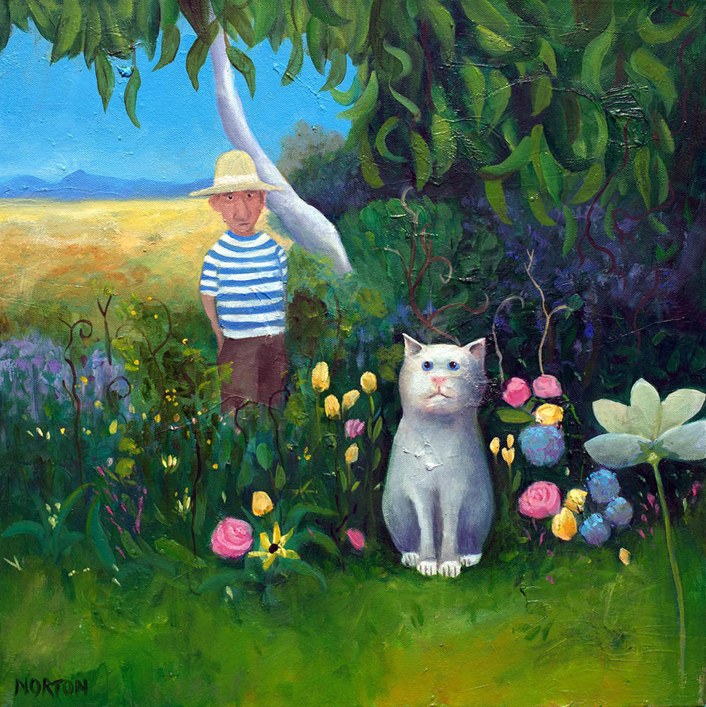 White Cat in Flower Garden