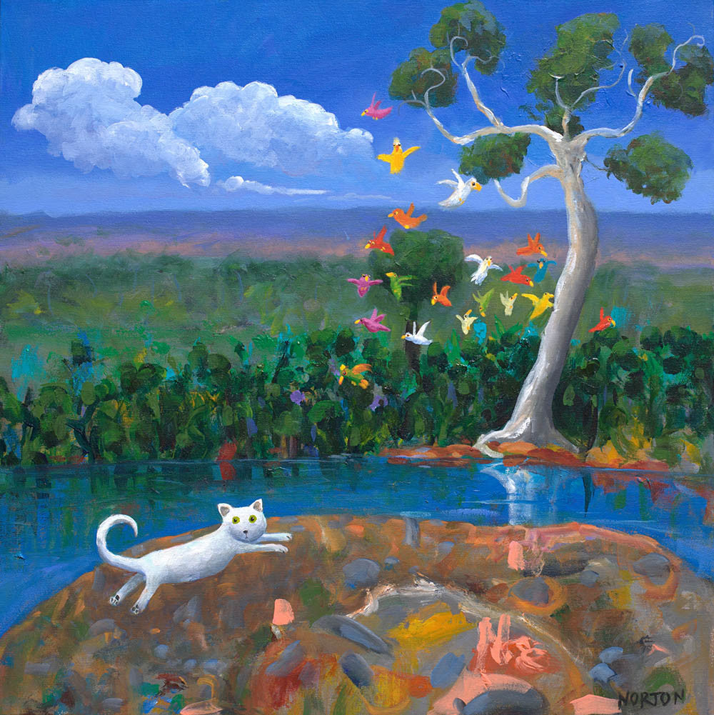 White Cat Startles Birds