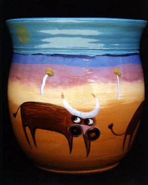 1993 Bucking Cows - Glazed Clay Vase