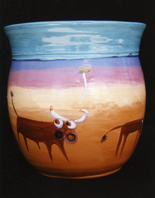 1993 Bucking Cows - Glazed Clay Vase