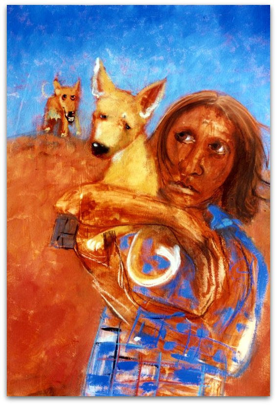 Woman Holding Dingo - Helen Norton Art